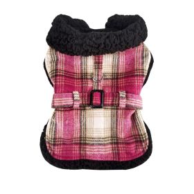 Sherpa-Lined Dog Harness Coat (Color: Hot Pink & Tan Plaid, size: small)